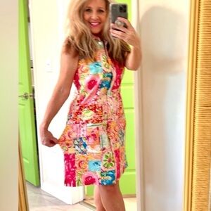 Palm Lily,Made in Turkey!Colorful Floral Dress,EUC,Button-Front,Stretch Size 12P